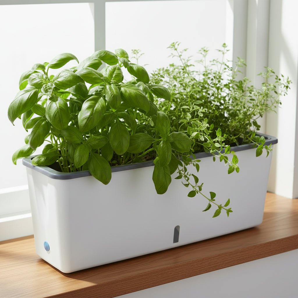 Self-Watering Planter Box with Integrated Reservoir